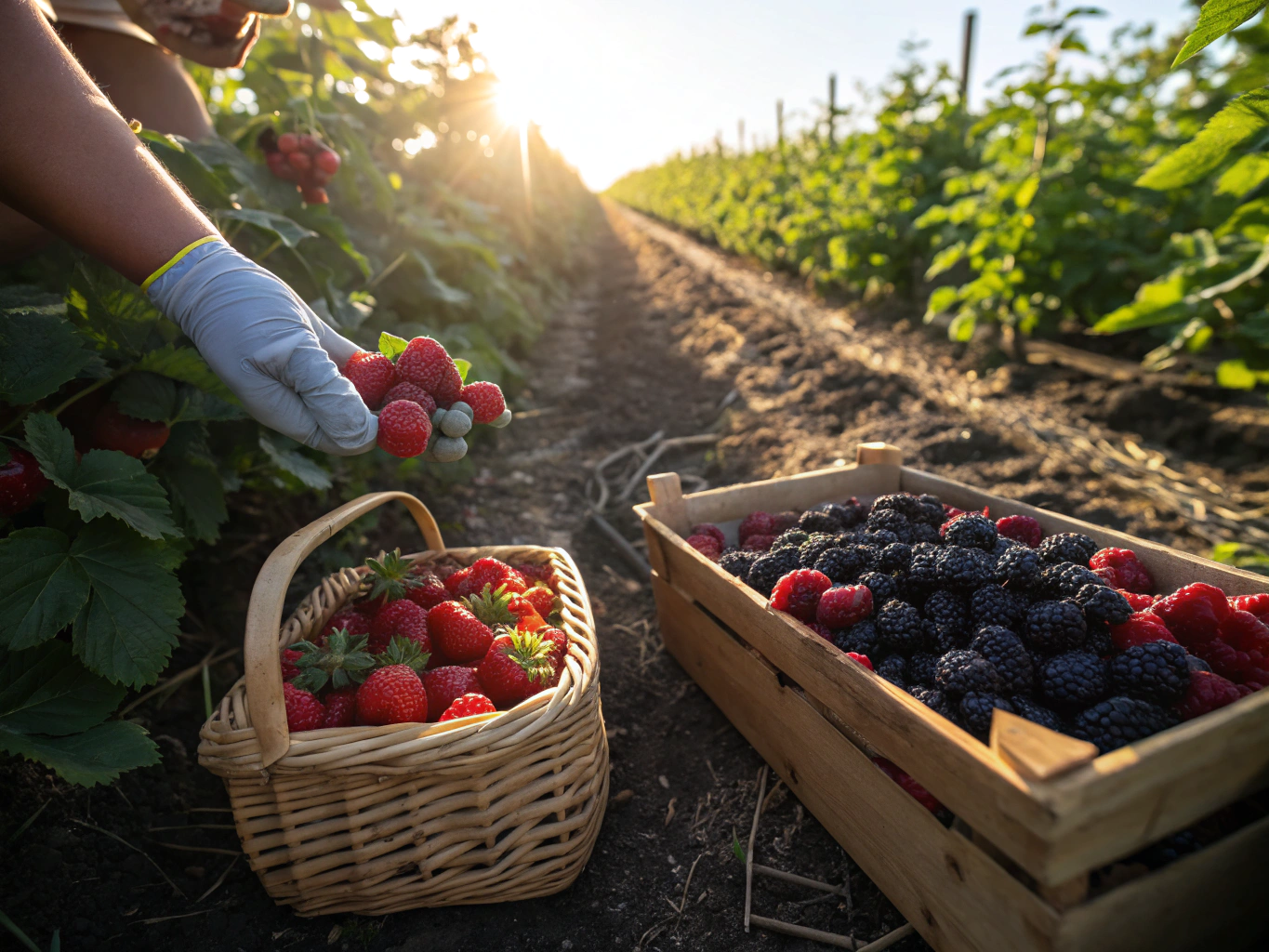 Freshly harvested ripe blackcurrants with silvery bloom resting in field crates