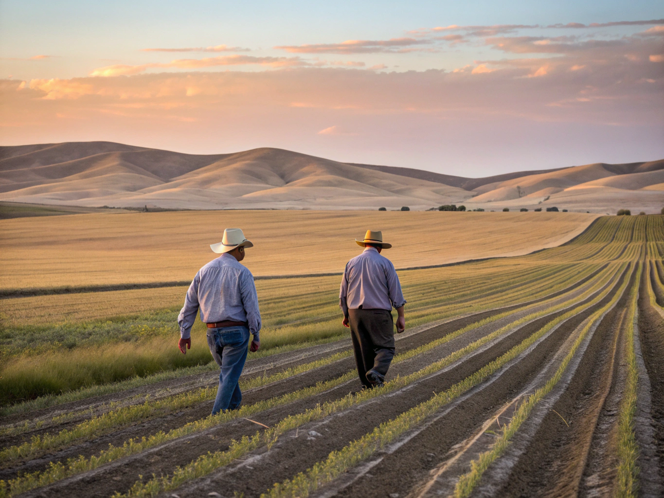 Two farm workers resting together in the shade of a farm shelterbelt