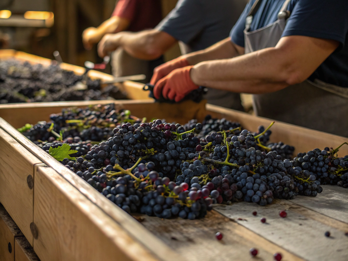 Careful grading and sorting of freshly harvested blackcurrants in natural light
