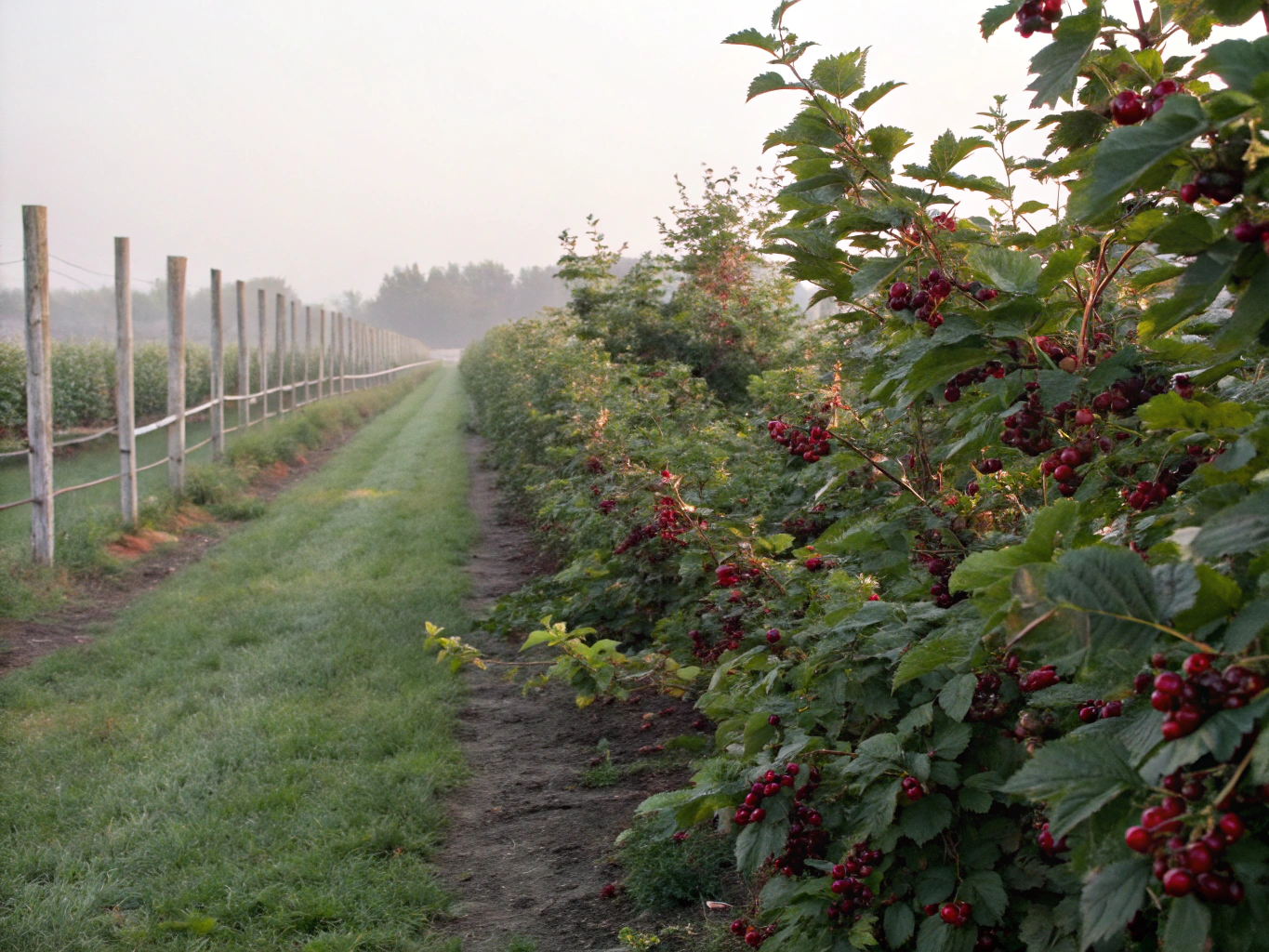 Sunlit blackcurrant orchard rows recede into soft morning Canterbury mist