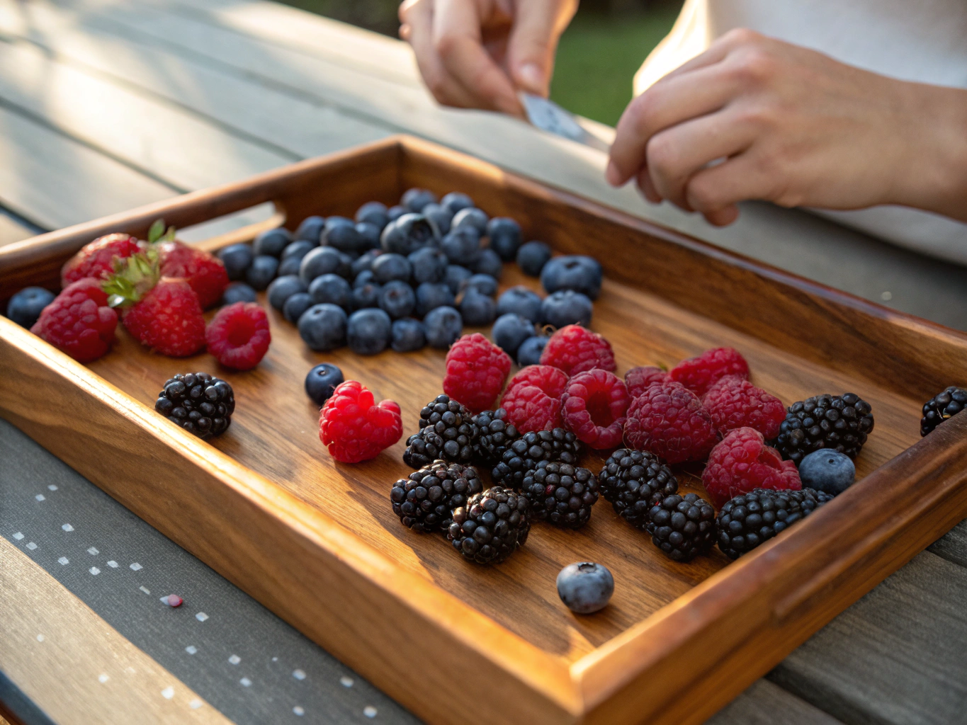 Hands carefully examining ripening blackcurrant clusters on the bush