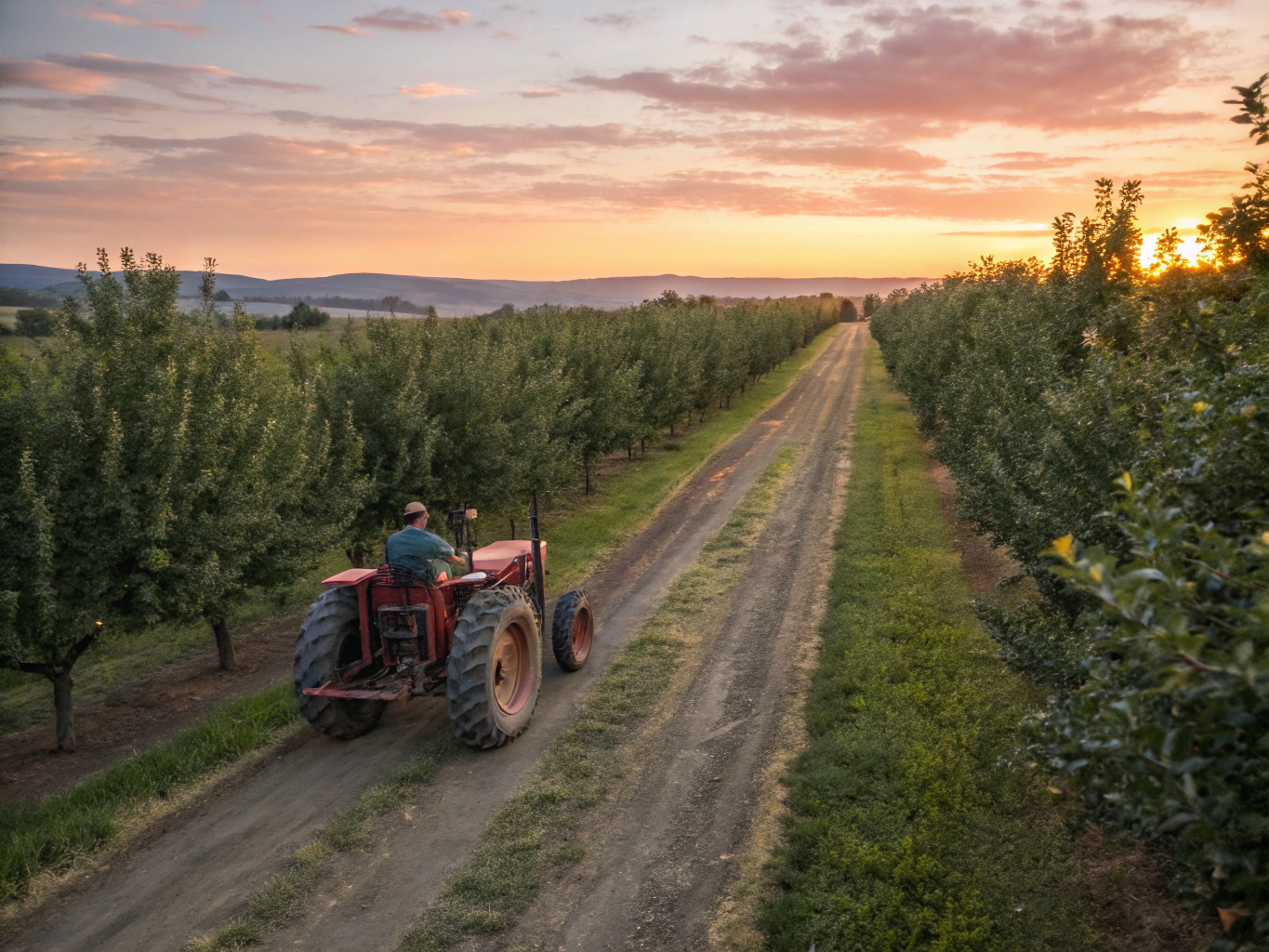 Farm tractor tending soil between neat rows of blackcurrant bushes