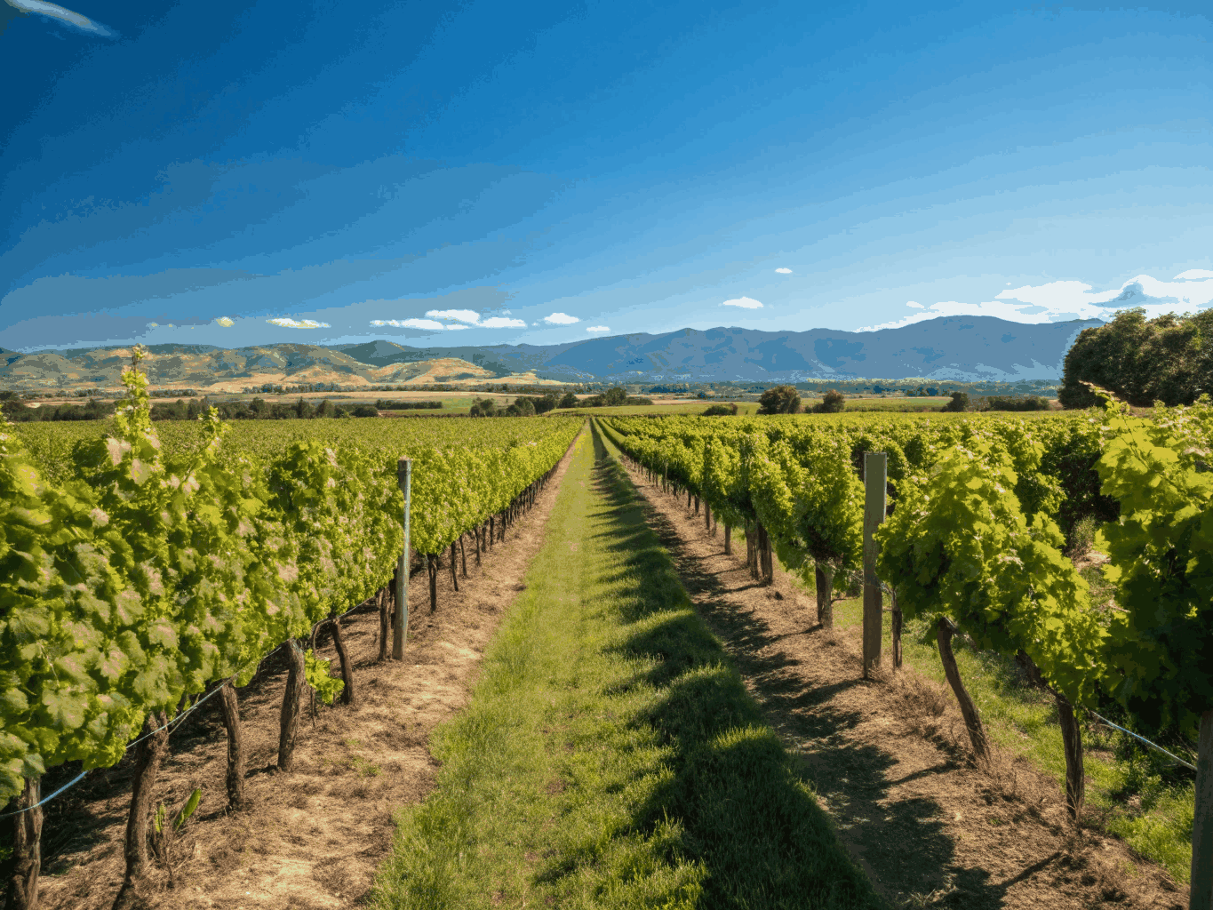 Sunlit blackcurrant orchard in Canterbury, New Zealand stretching toward distant hills