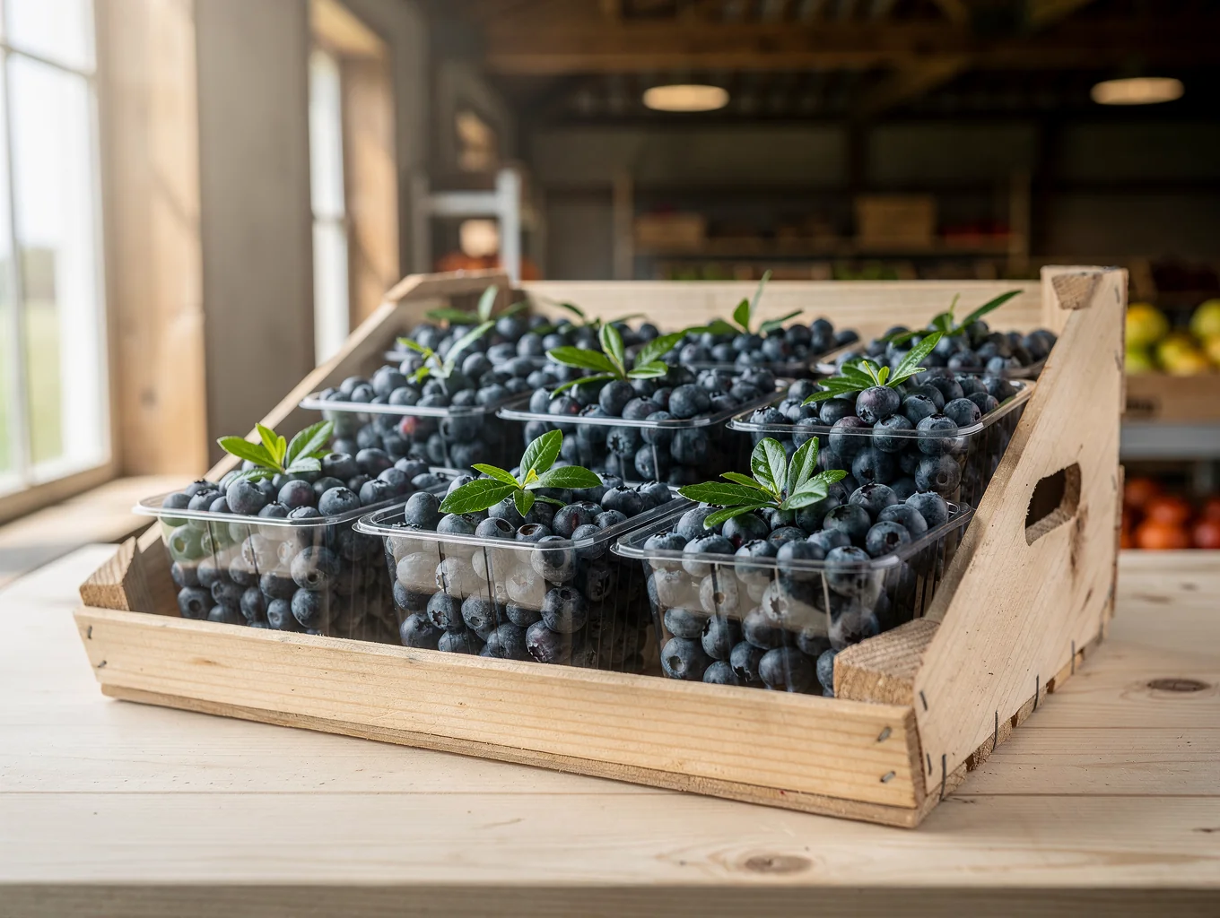 Stacked wooden harvest crates holding freshly packed blackcurrants in the cool store